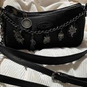 Ed Hardy Black Shoulder Bag with Chain Accents